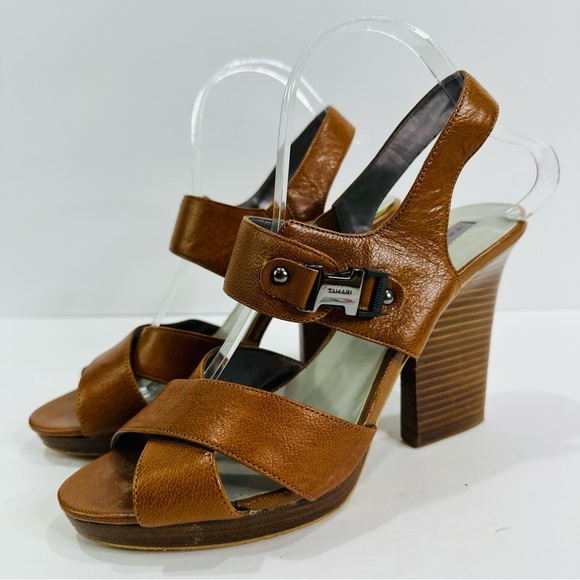 TAHARI SICILY STRAPPY CLASSY WOOD STACKED 4 1/2โ HIGH HEEL BROWN LEATHER SIZE 10 - Picture 7 of 10